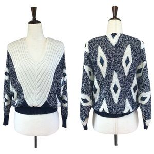 VINTAGE 80s 90s Nannell Hand Knit Beaded Sweater‎ Navy Cream Small Retro V-Neck